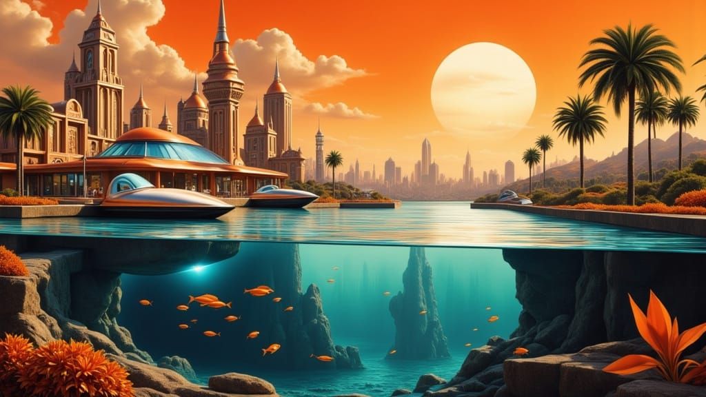 Retro Futuristic Underwater City in Orange Hues