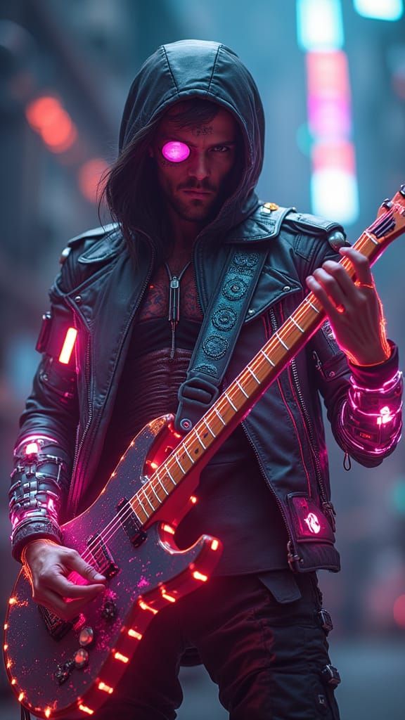 Cyberpunk Guitarist: Hyper Realistic Biomechanical Fusion