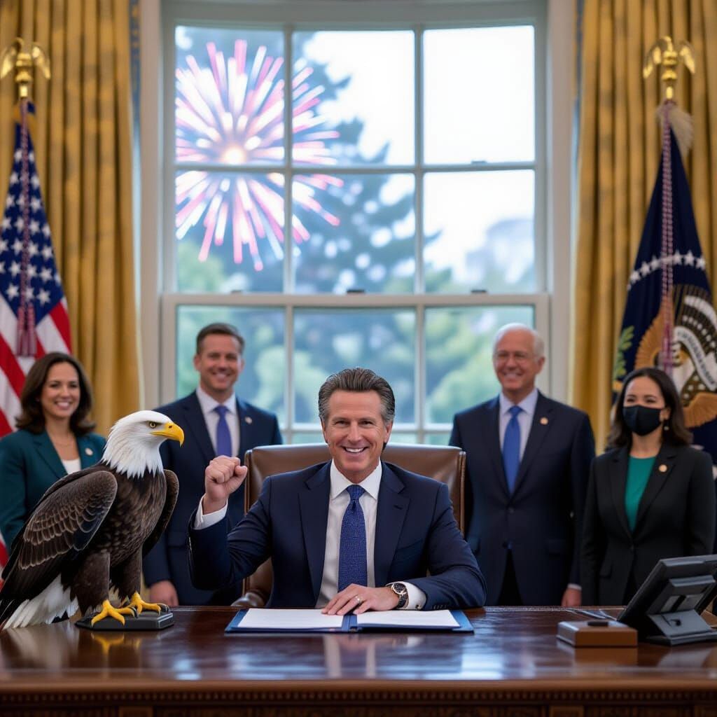 Gavin Newsom as President Flexing With Eagle