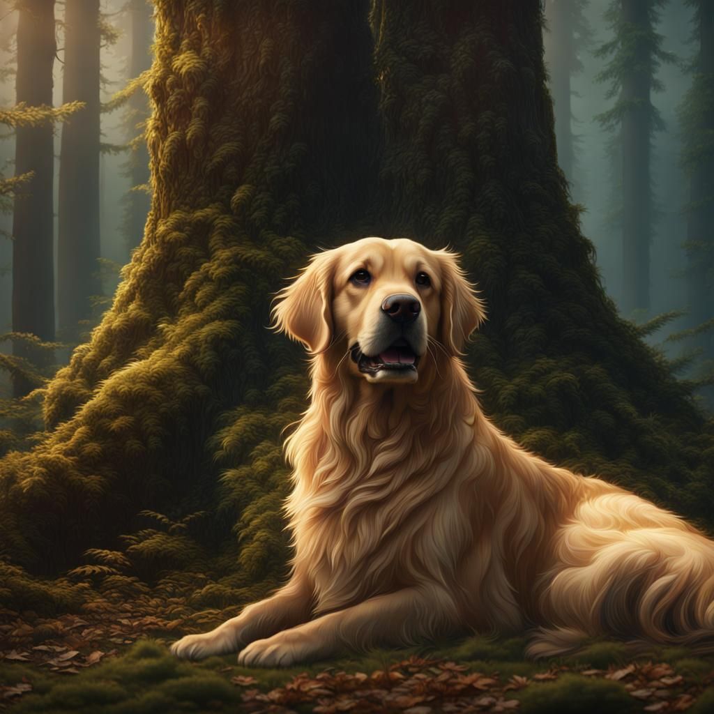 Golden Retriever in Forest: Detailed Matte Painting