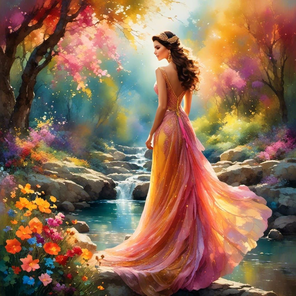 Woman on Stone Bridge in Watercolor Impasto Style