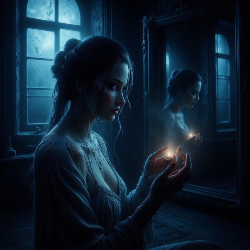 Woman Crying in Moonlight, Ghostly Reflection