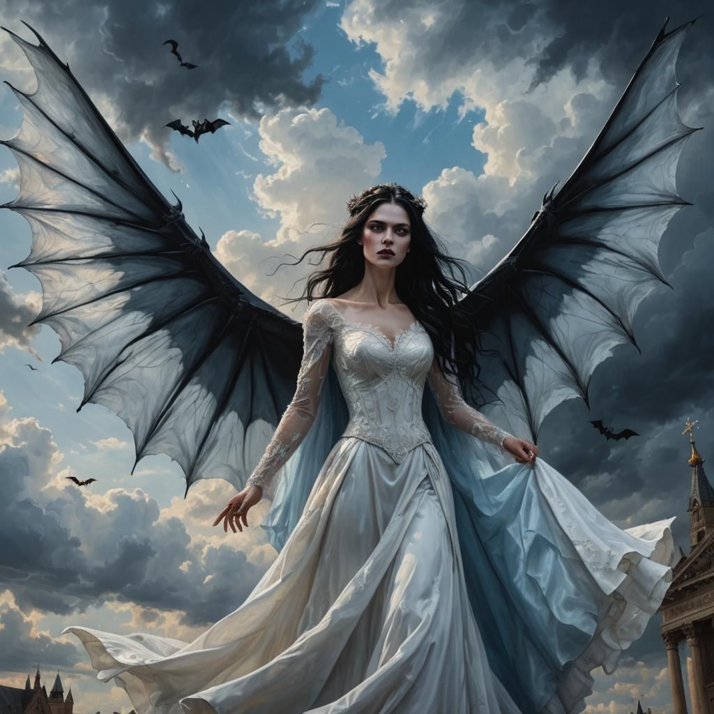 Vampire Bride Bat Creature in Cloudy Sky