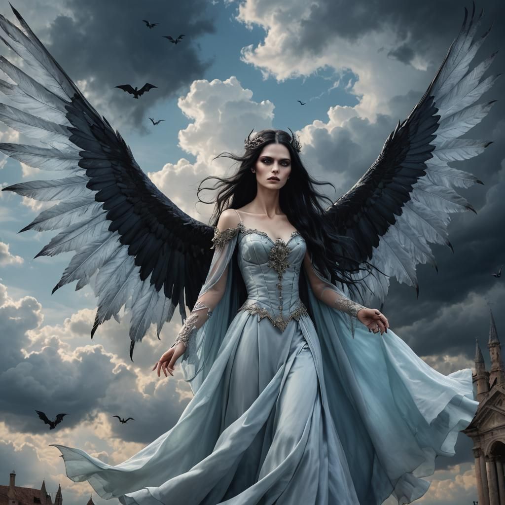 Vampire Harpy in Gothic Gown Soaring in Dark Fantasy