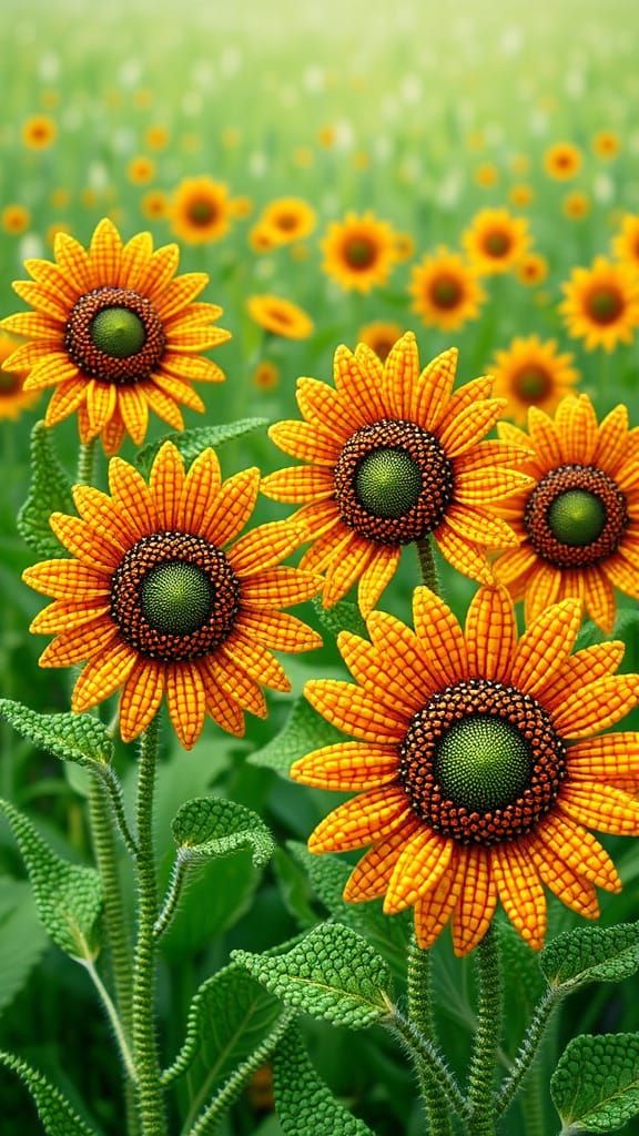 Beaded Sunflowers Shimmering in Lush Field