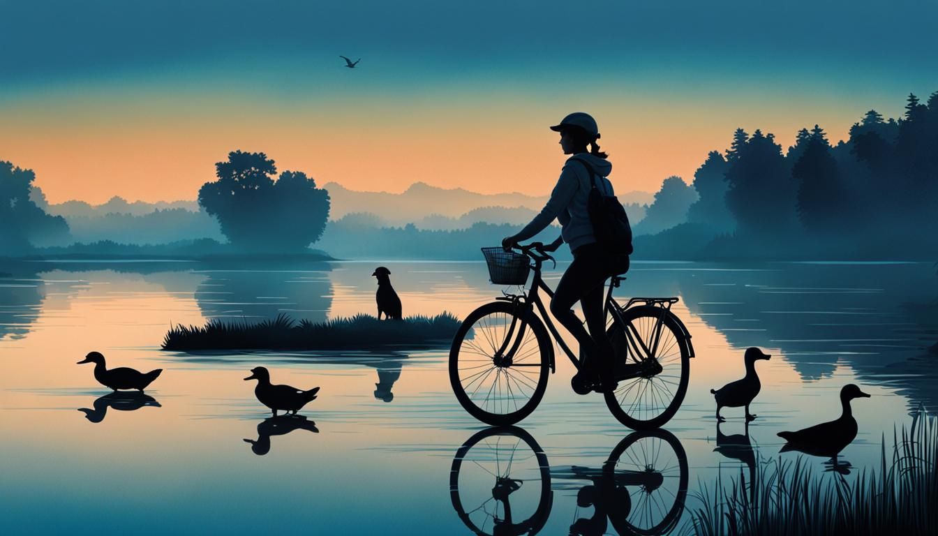 Cyclist at Misty Lake During Blue Hour