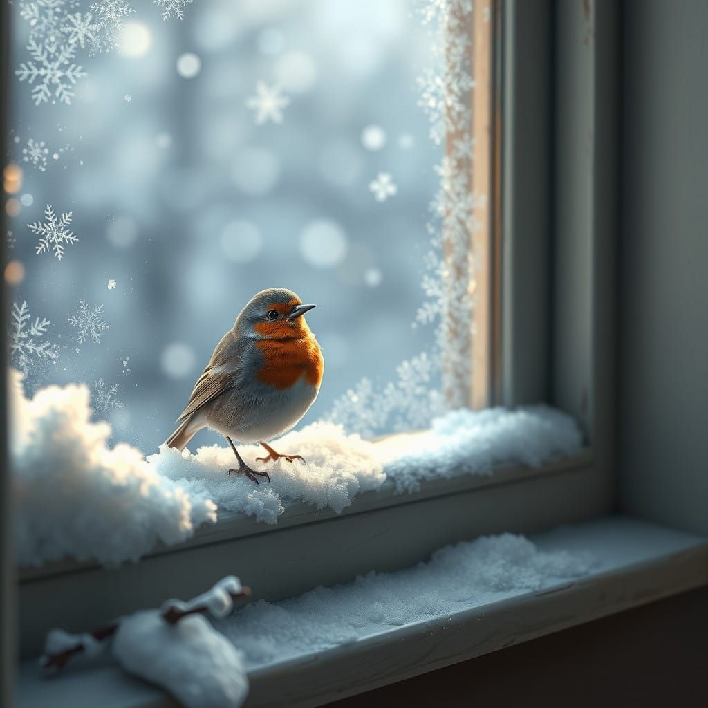 Whimsical Robin on a Frosty Windowsill