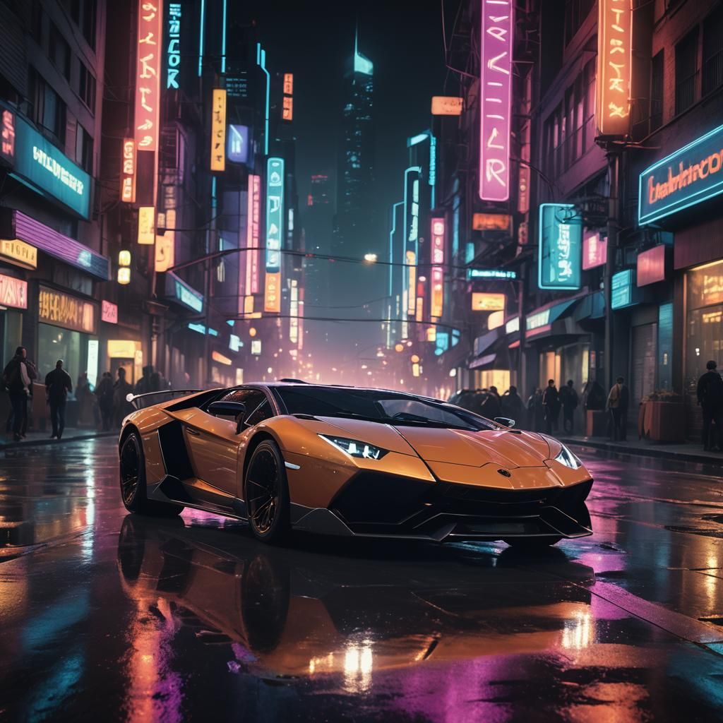 Futuristic Lamborghini Races Through Neon City