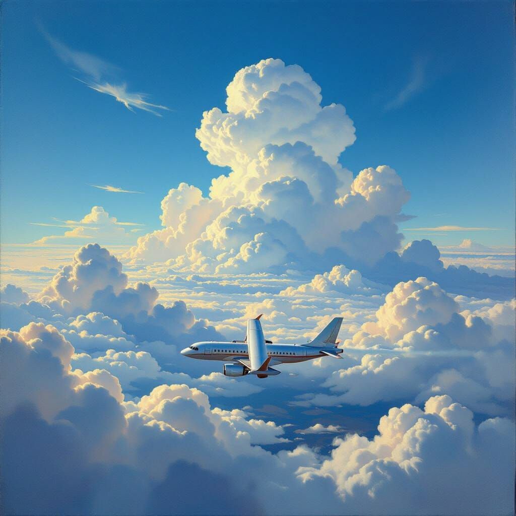 Blue Sky Airplane Tail Panorama in Atmospheric Style