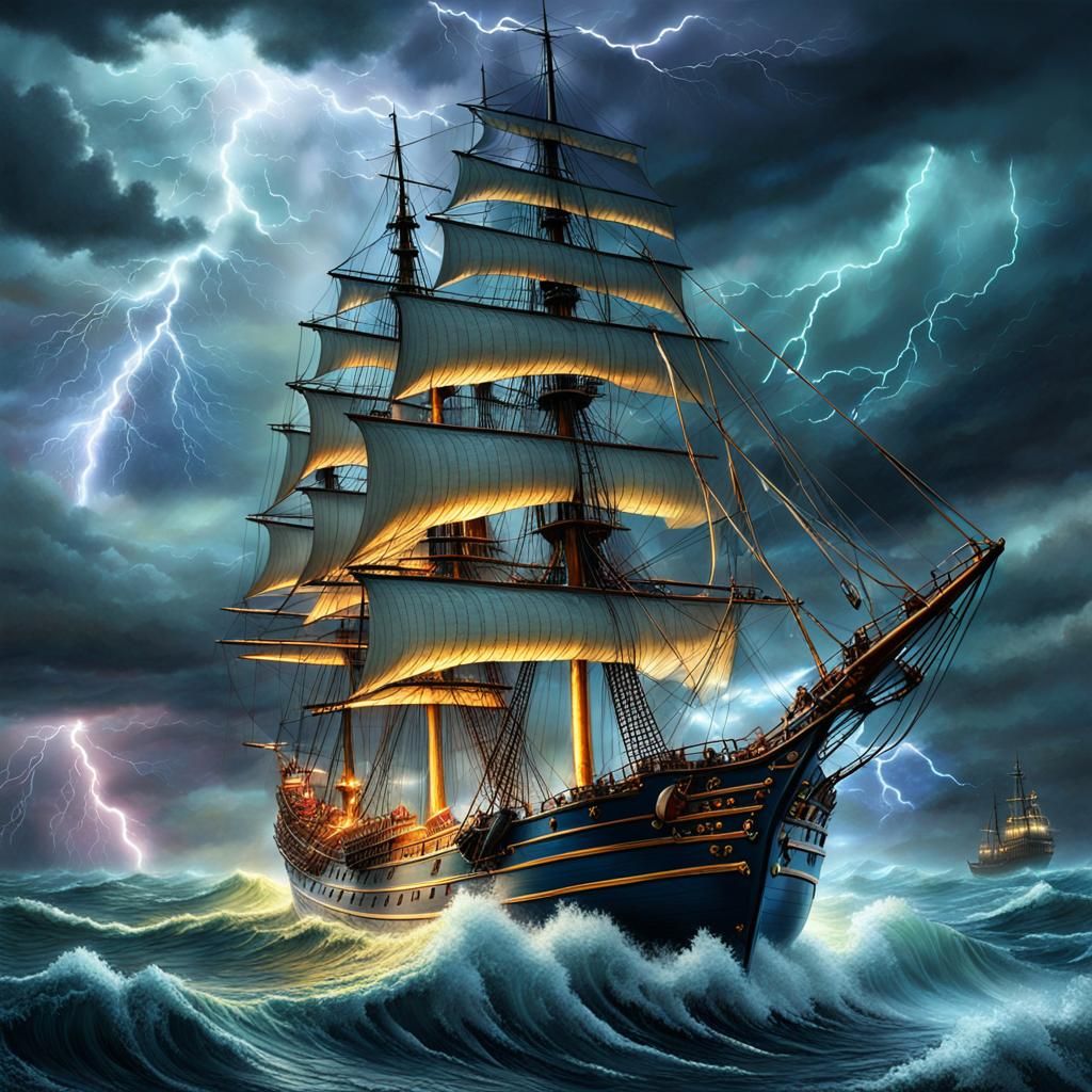 Tall Ship in Stormy Sea Digital Painting