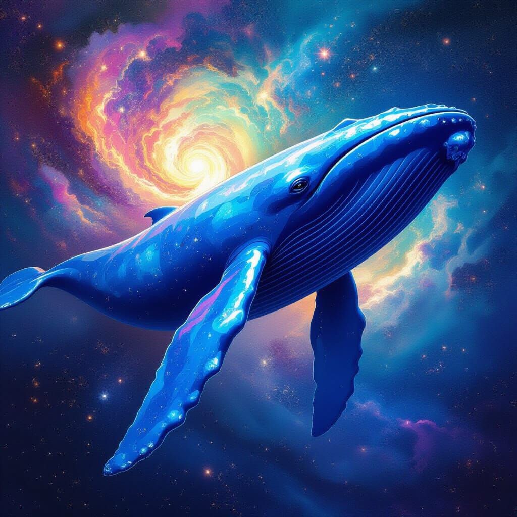 Iridescent Blue Whale in Psychedelic Cosmic Scene