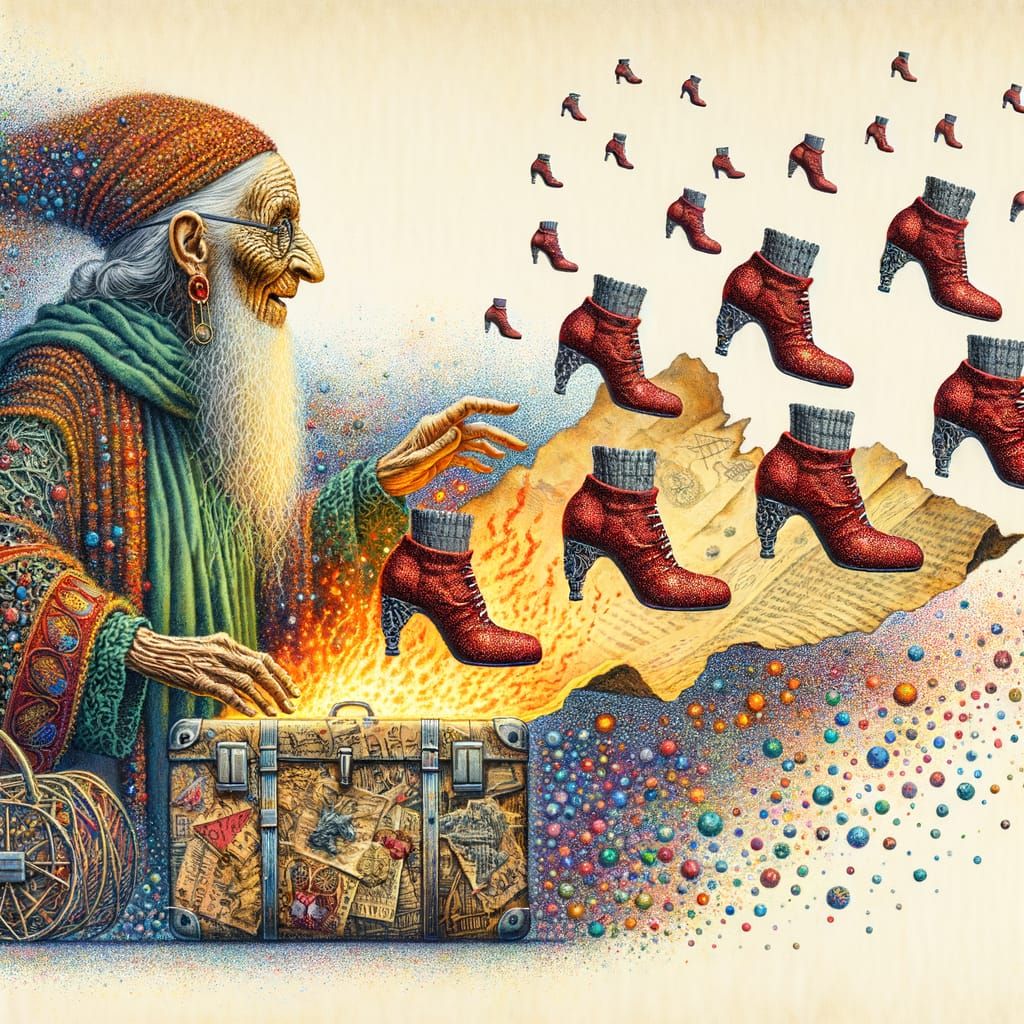 Enigmatic Witch and Luggage in Oil Painting Style