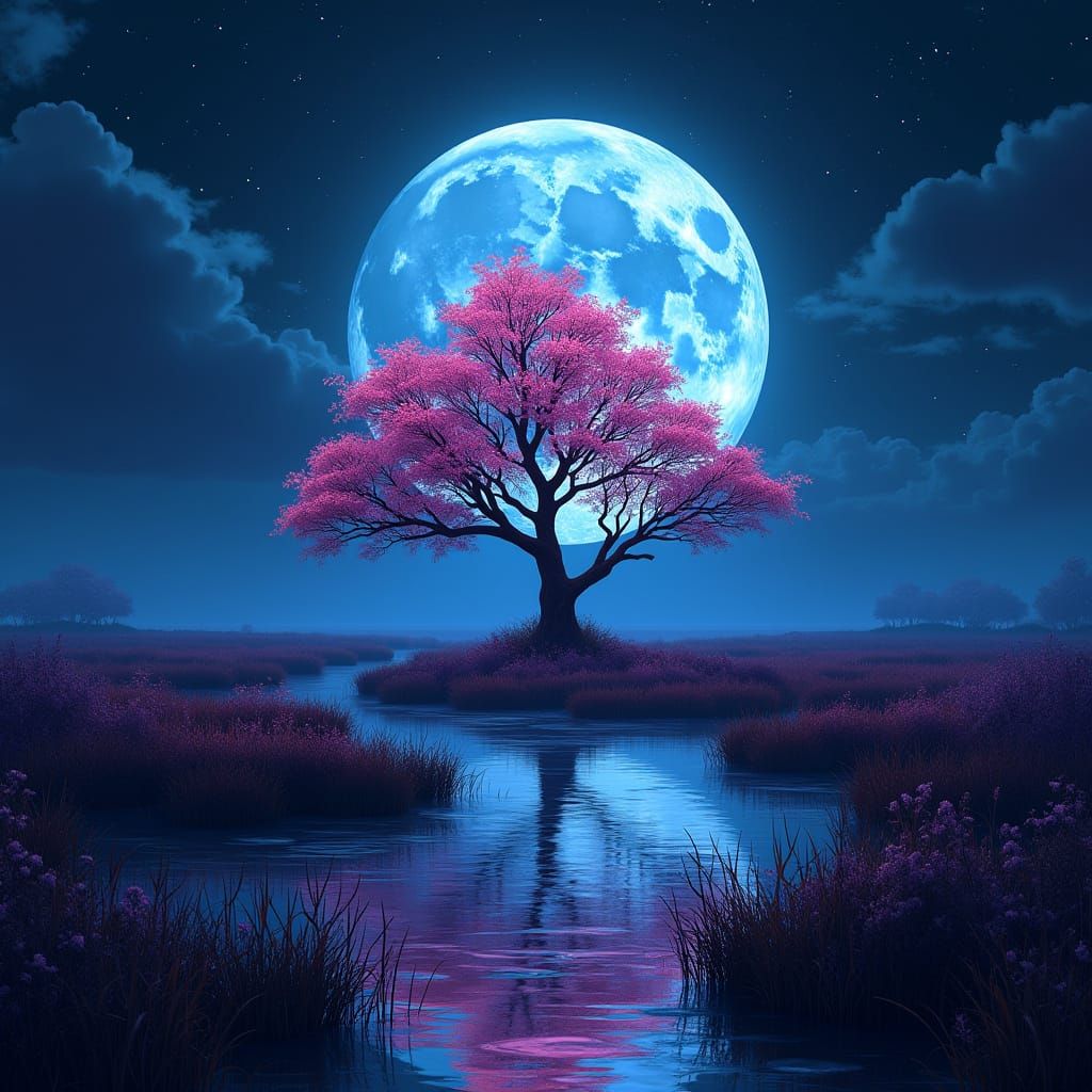 Surreal Anthropomorphic Landscape Under Whimsical Neon Moonl...