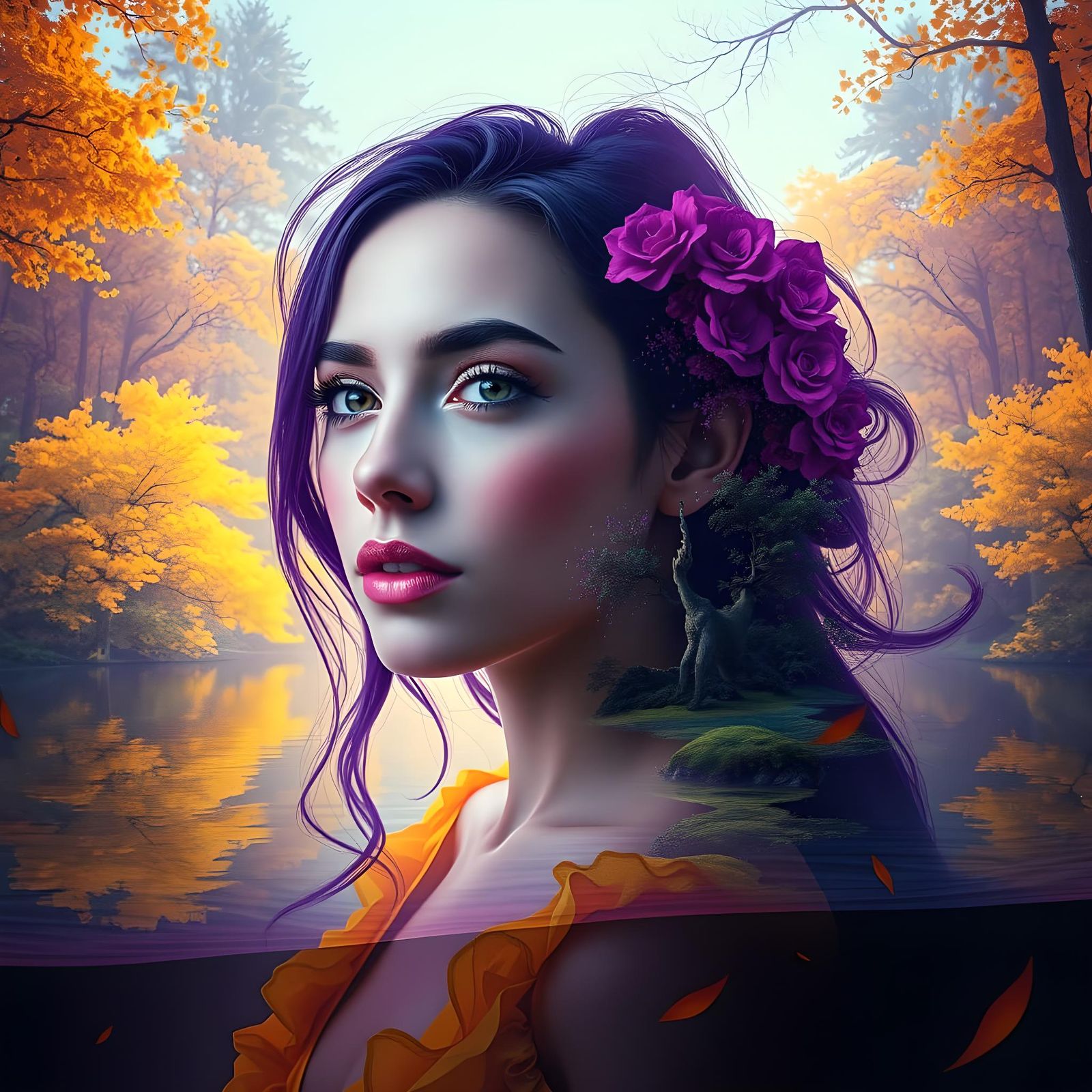 A double exposure of beautiful woman in purple yellow, green...