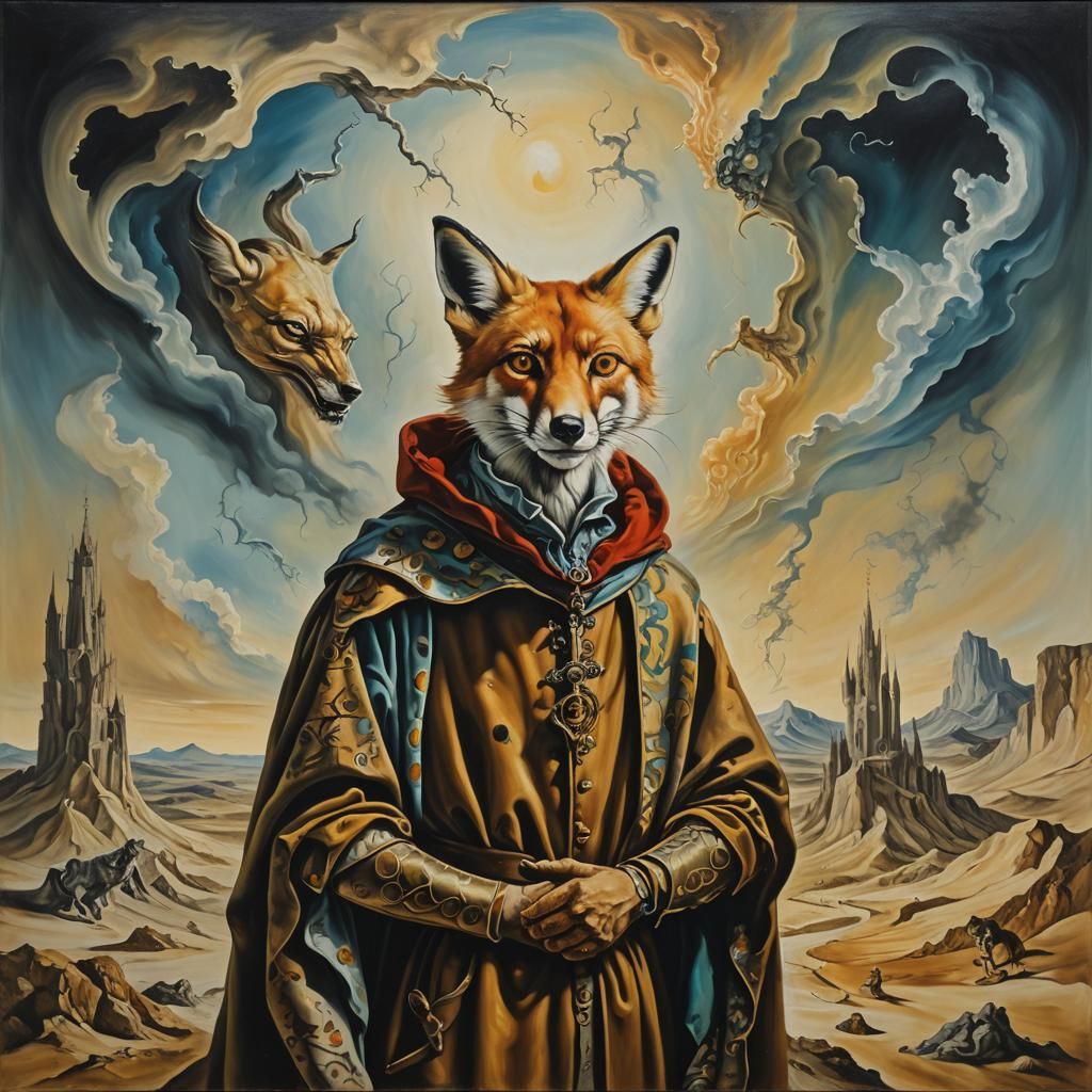 Surreal Medieval Fox Trickster in Apocalyptic Landscape