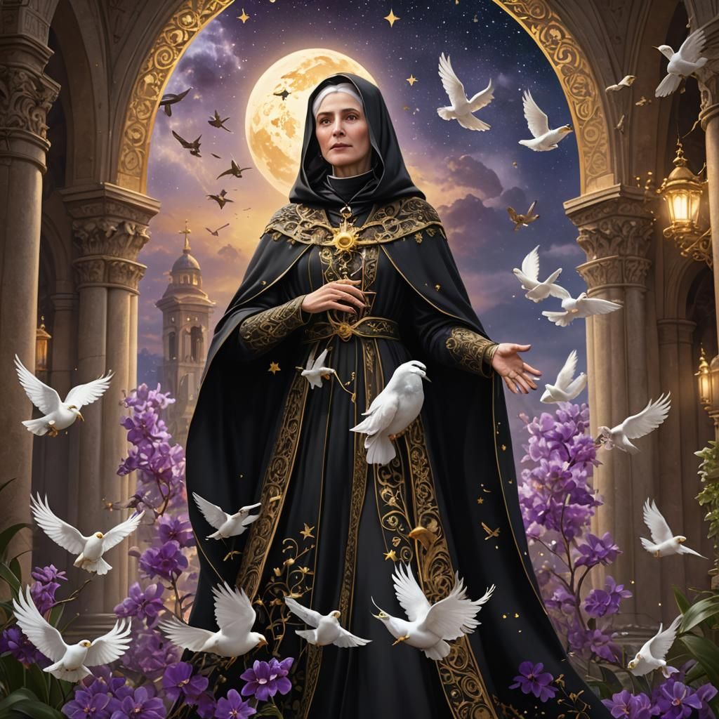 Saint Rita in Gold Gown with Doves and Orchids