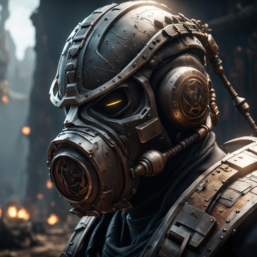 Muzzled Figure in 3D Game Cinematic Style