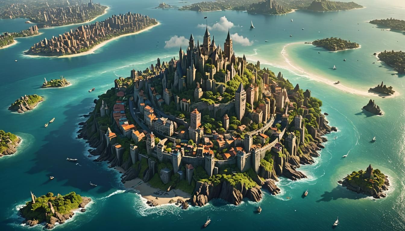 Fantasy City on Island Rising from Ocean