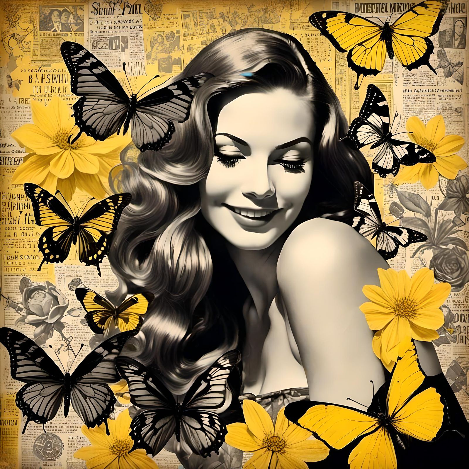 Vintage Collage Portrait of Woman with Butterflies