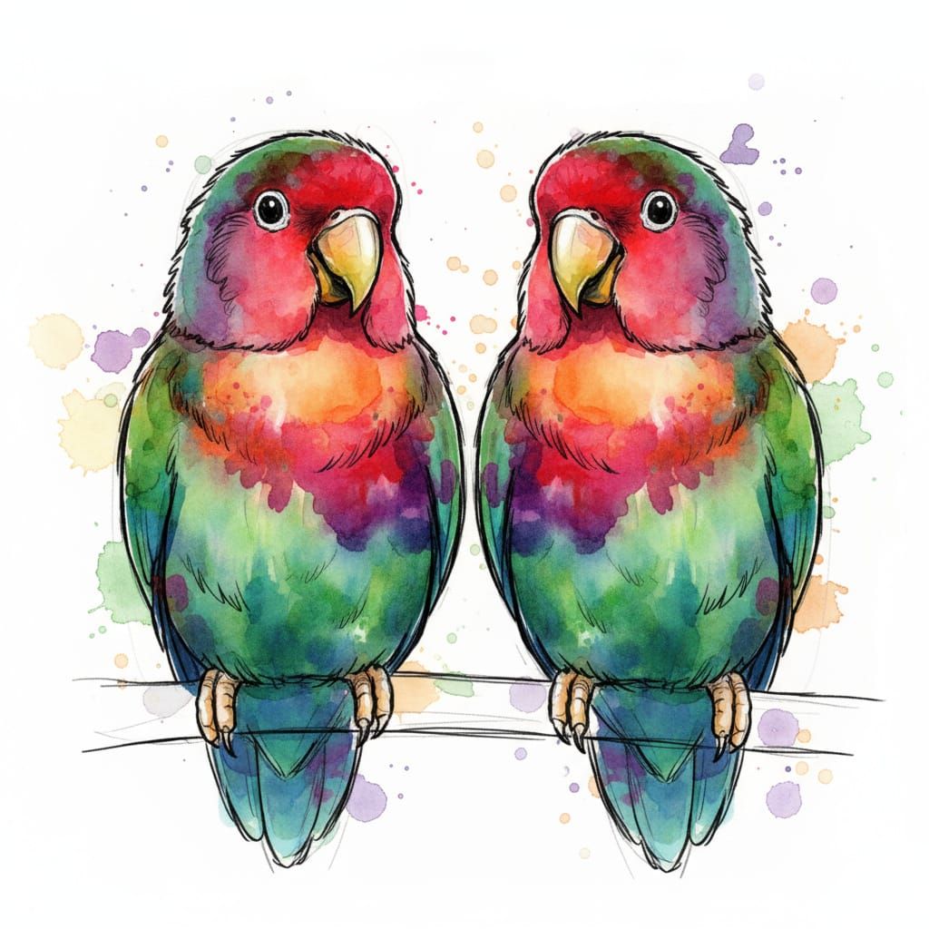 Whimsical Lovebirds with Watercolor Splashes