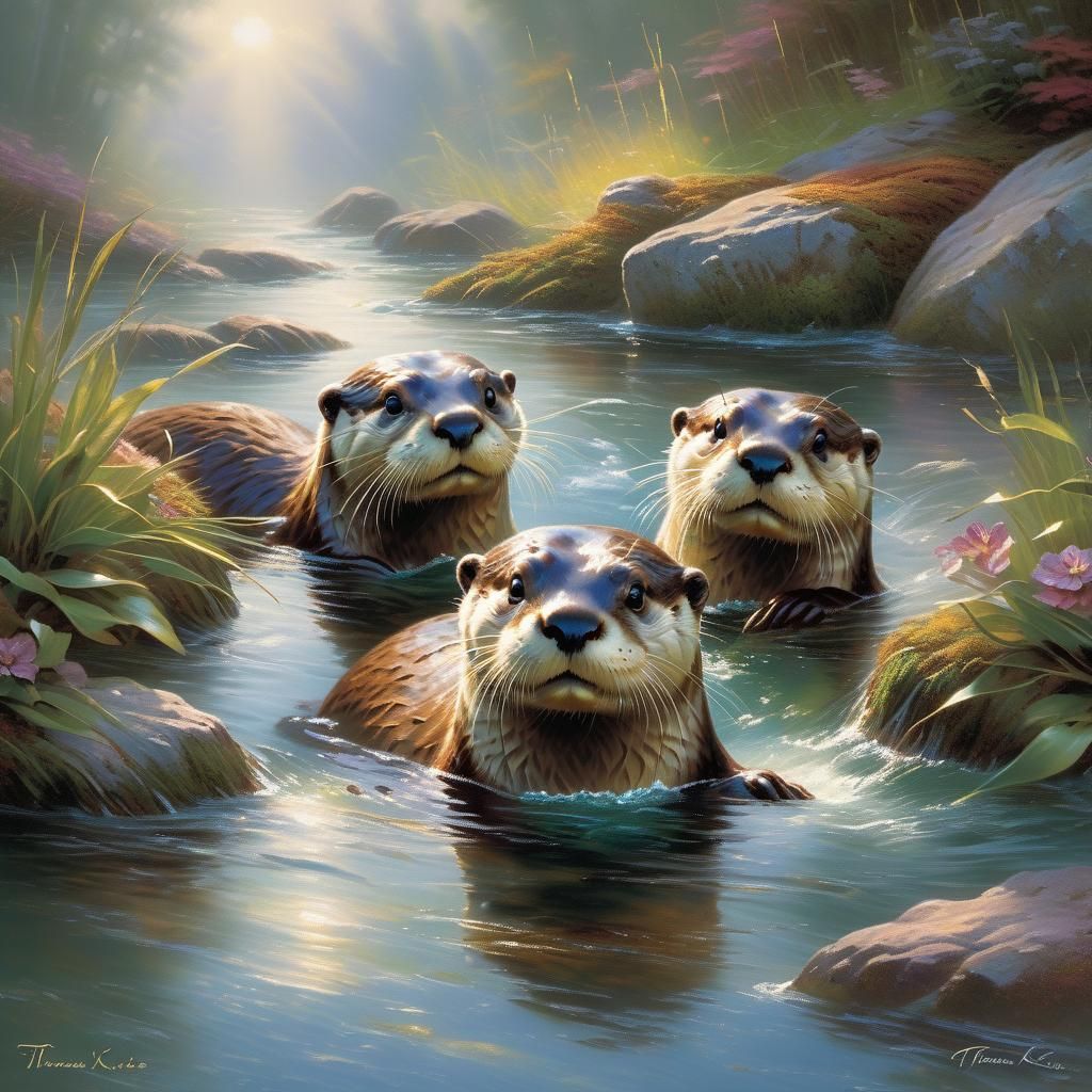 playful otters swimming in a stream, otter face close up landscape Thomas Kinkade