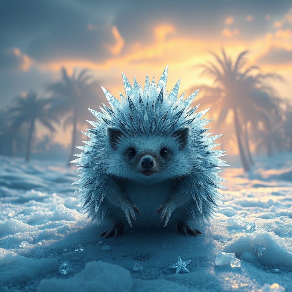Snow hedgehog, its thorns are ice cubes. On a ice tropical land.
