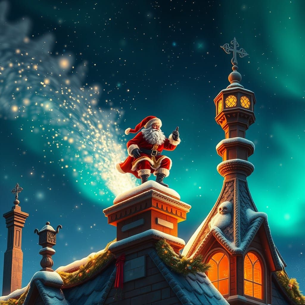 Magical Christmas Scene Unfolds on Enchanted Rooftop