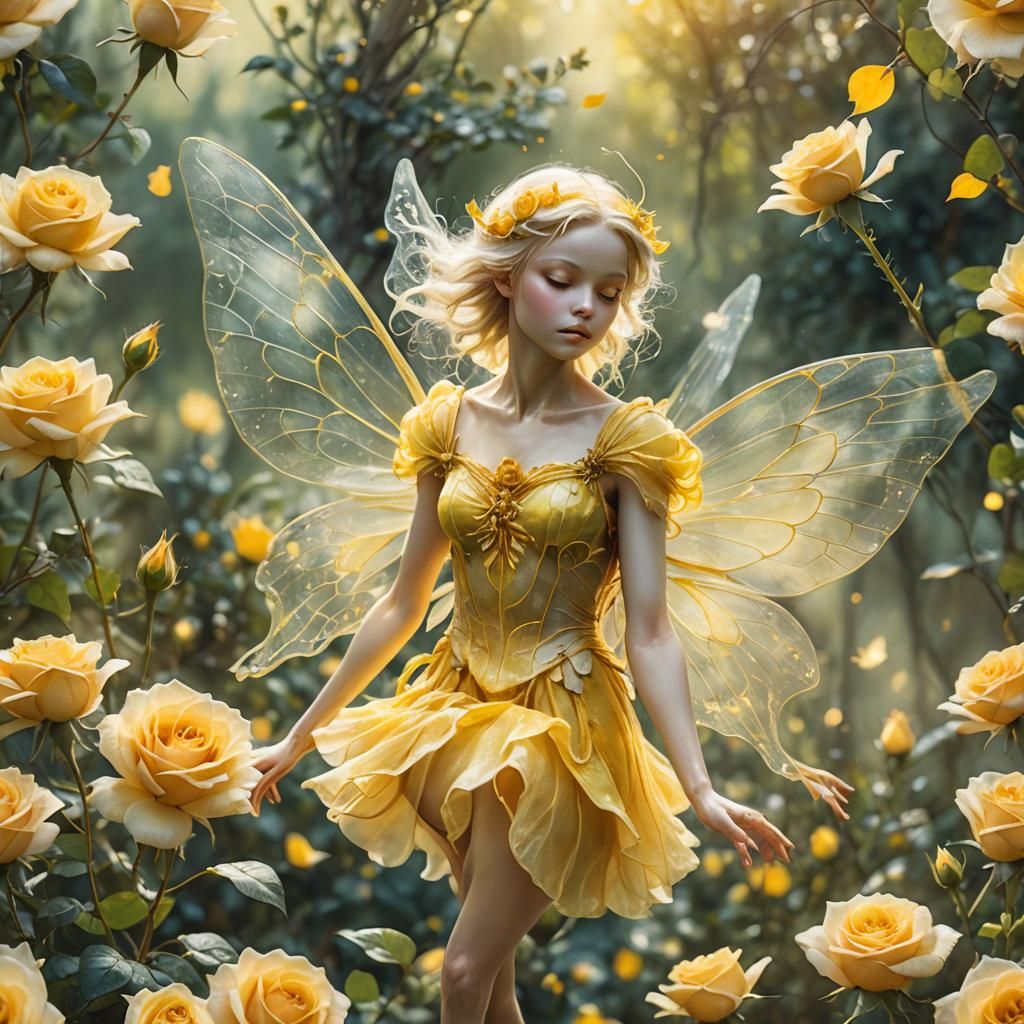 Yellow Fairy Hovering Over Rose in Watercolor Style