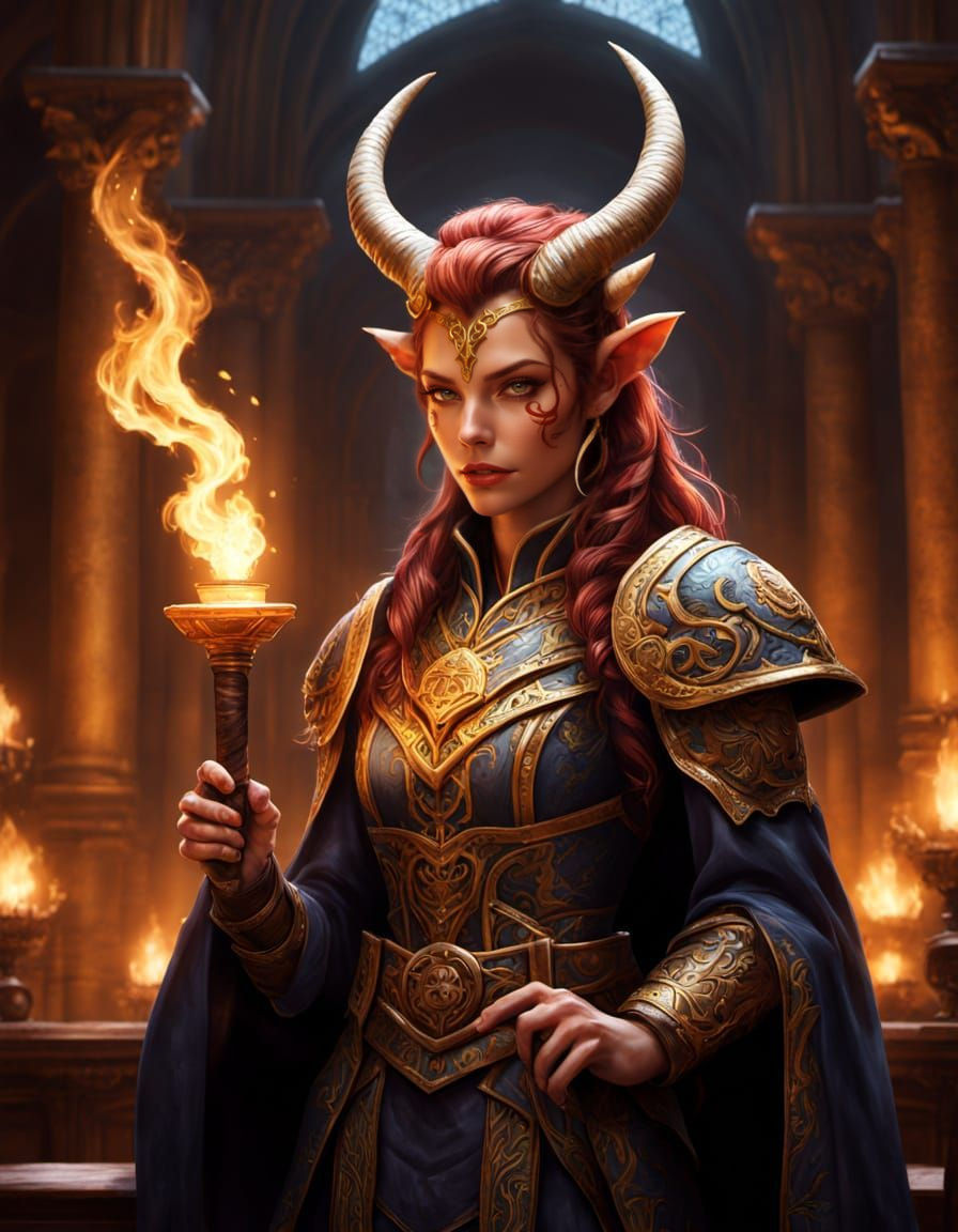 Tiefling Lawyer in Enchanted Armor in Fantasy Courtroom