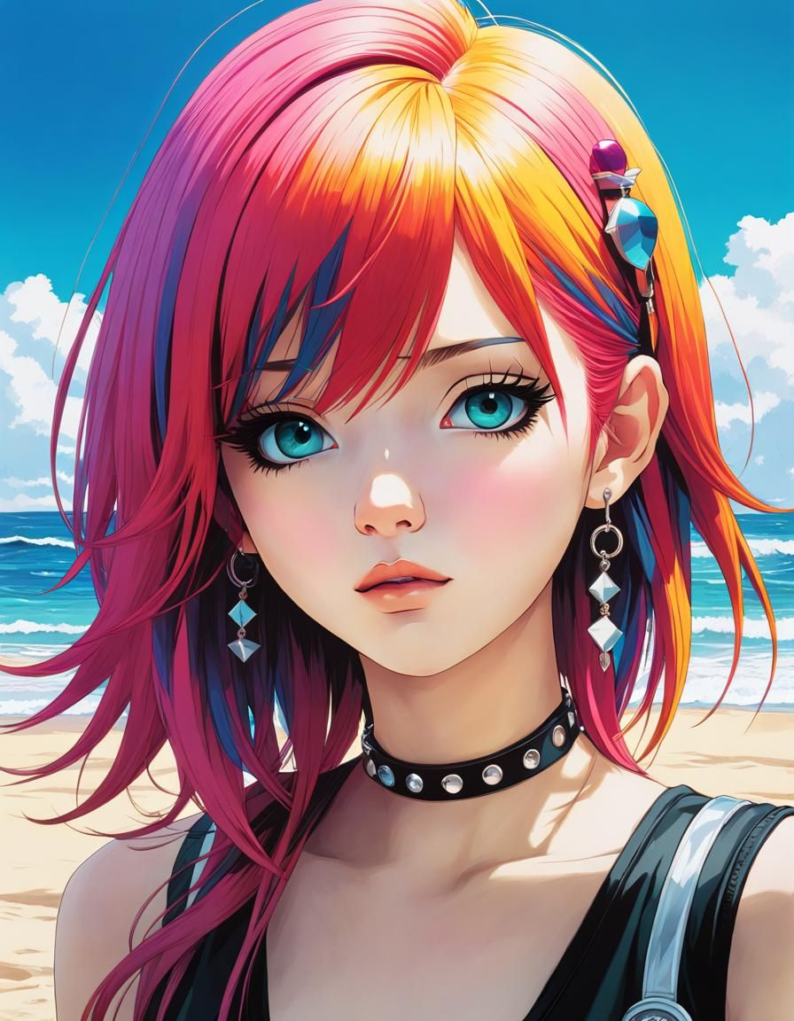 Emo Punk Princess on Beach in Anime Style