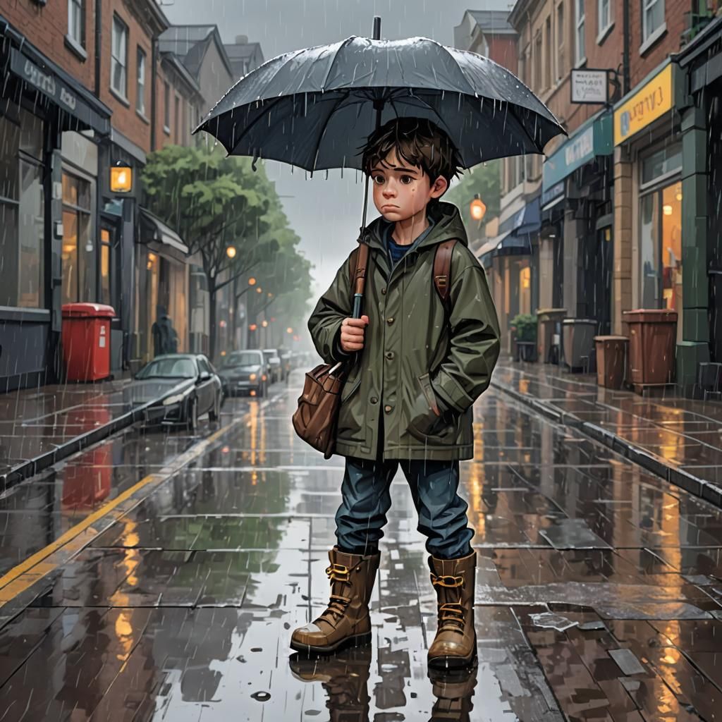 Sad Boy in Rainy Street: Pixel Art