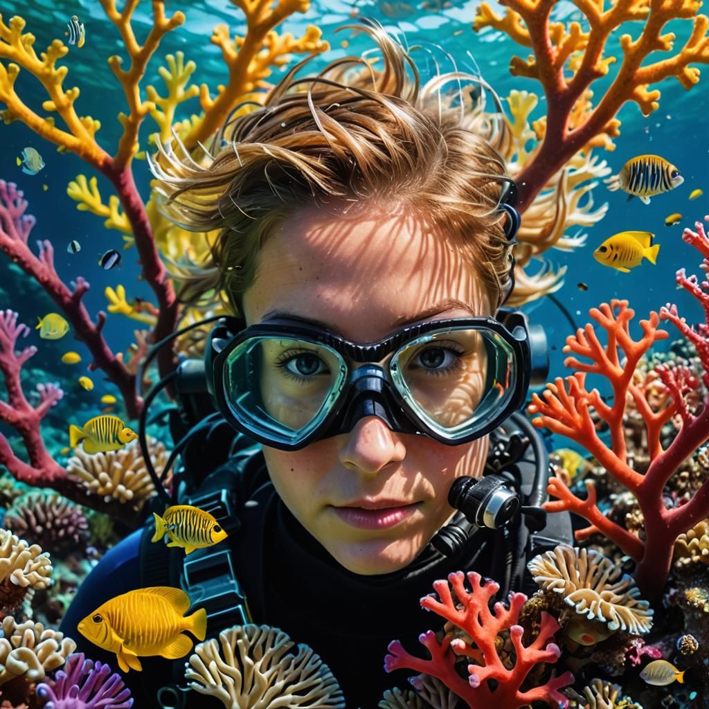 Underwater Diver Inspects Great Barrier Reef in Oil Painting