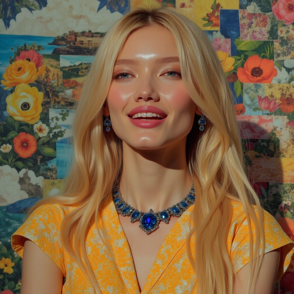 Hyperrealistic Portrait of Blonde Woman with Sapphire Jewelr...