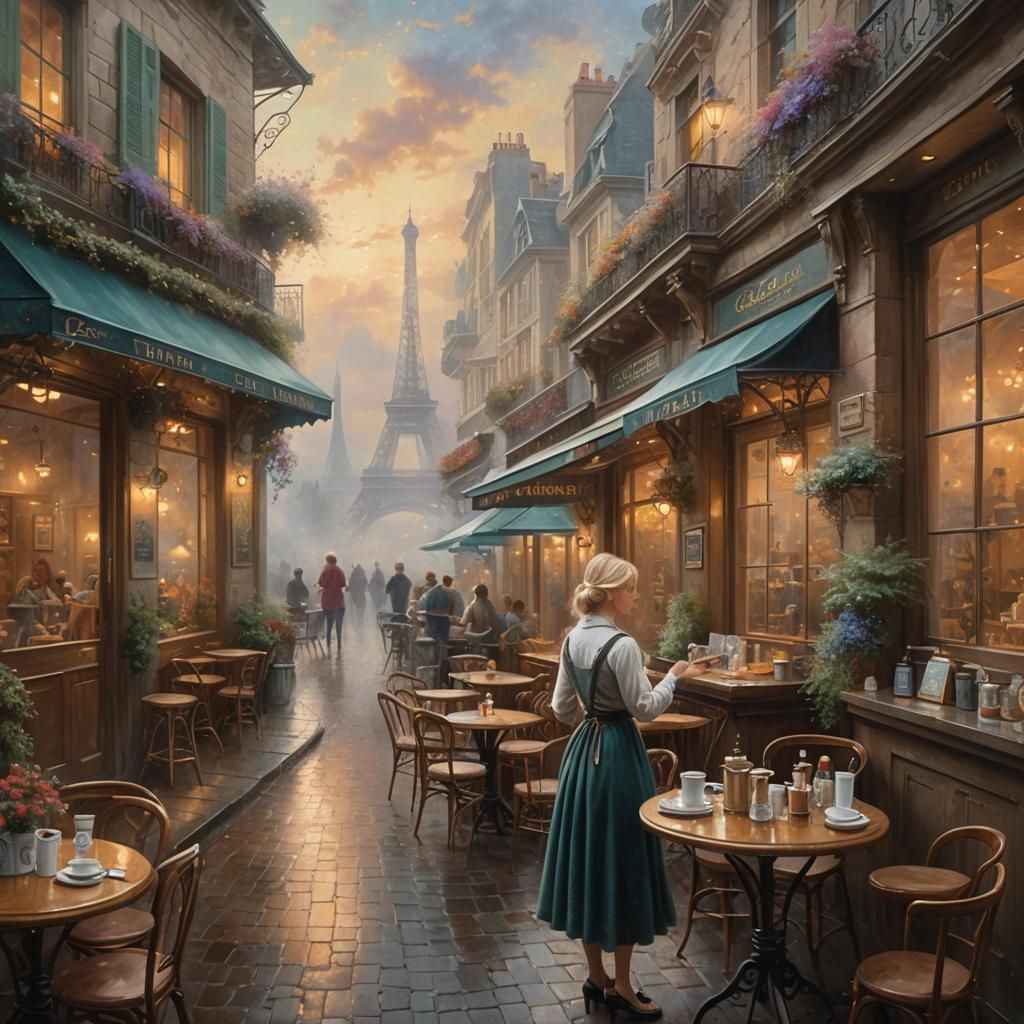 Artist Painting French Cafe in Ethereal Fantasy Style