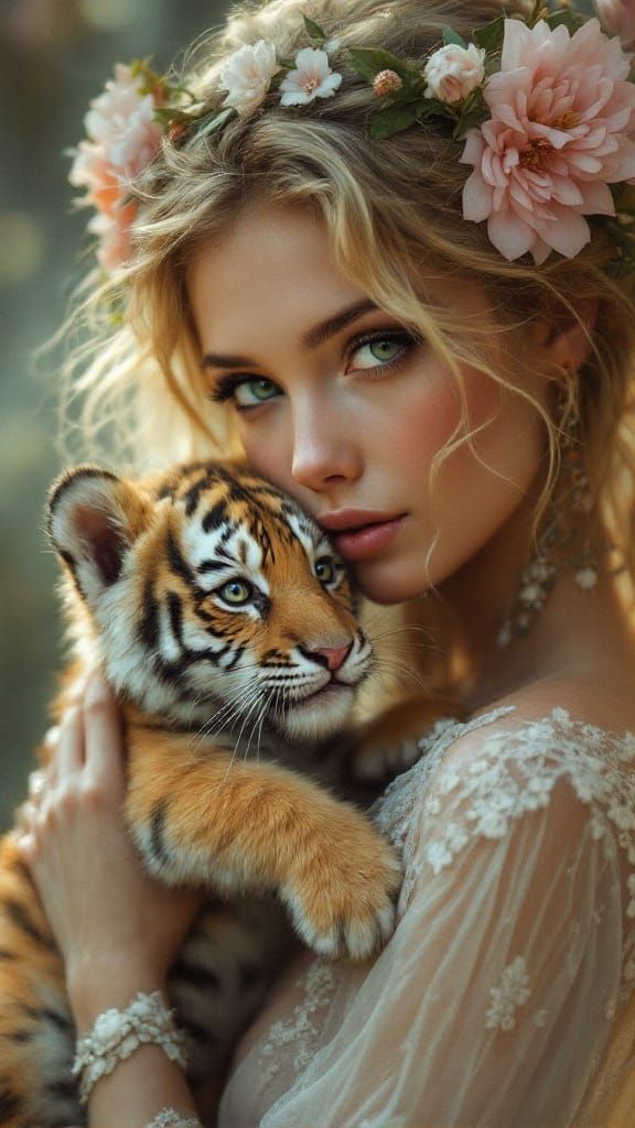 Enchanting Fairy Maiden with Tiger Cub in Vibrant Floral Set...