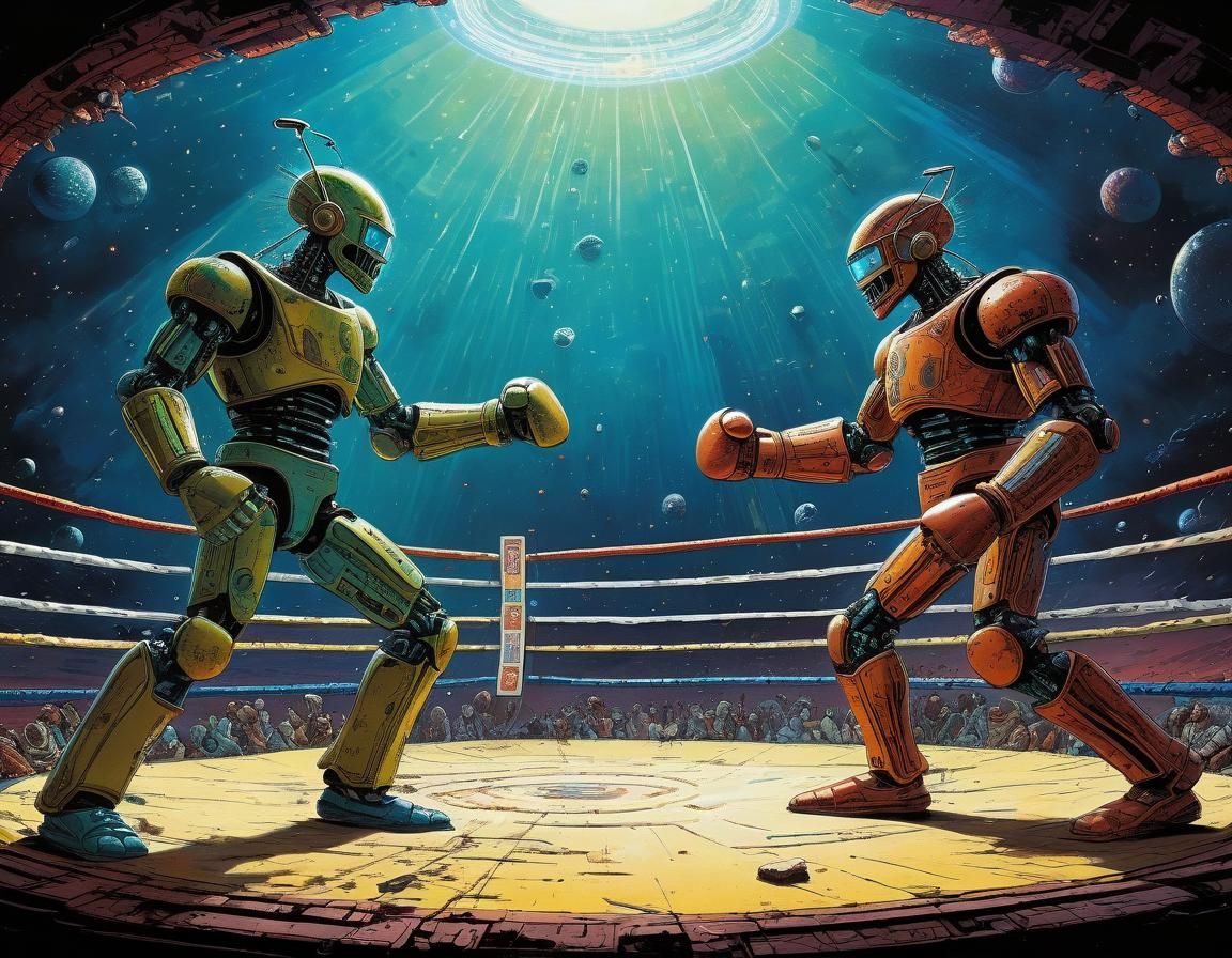 Robots Kickboxing in Intergalactic Arena: Moebius Style