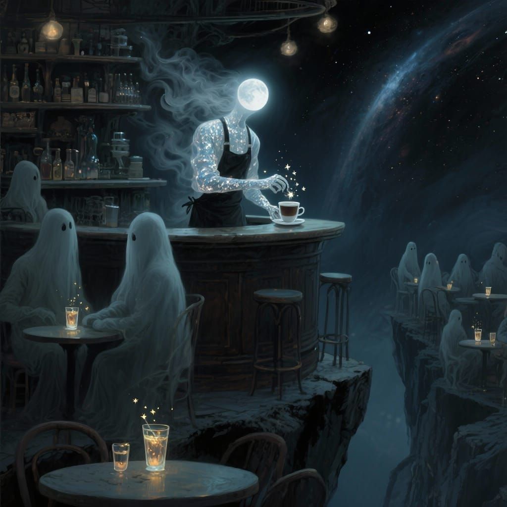 Spectral Barista Serving Starlight Coffee in Cosmic Abyss Ca...