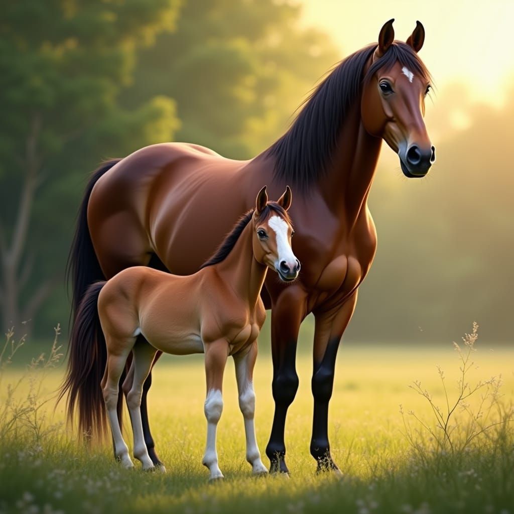 Majestic Brown Horse with Foal in Natural Light