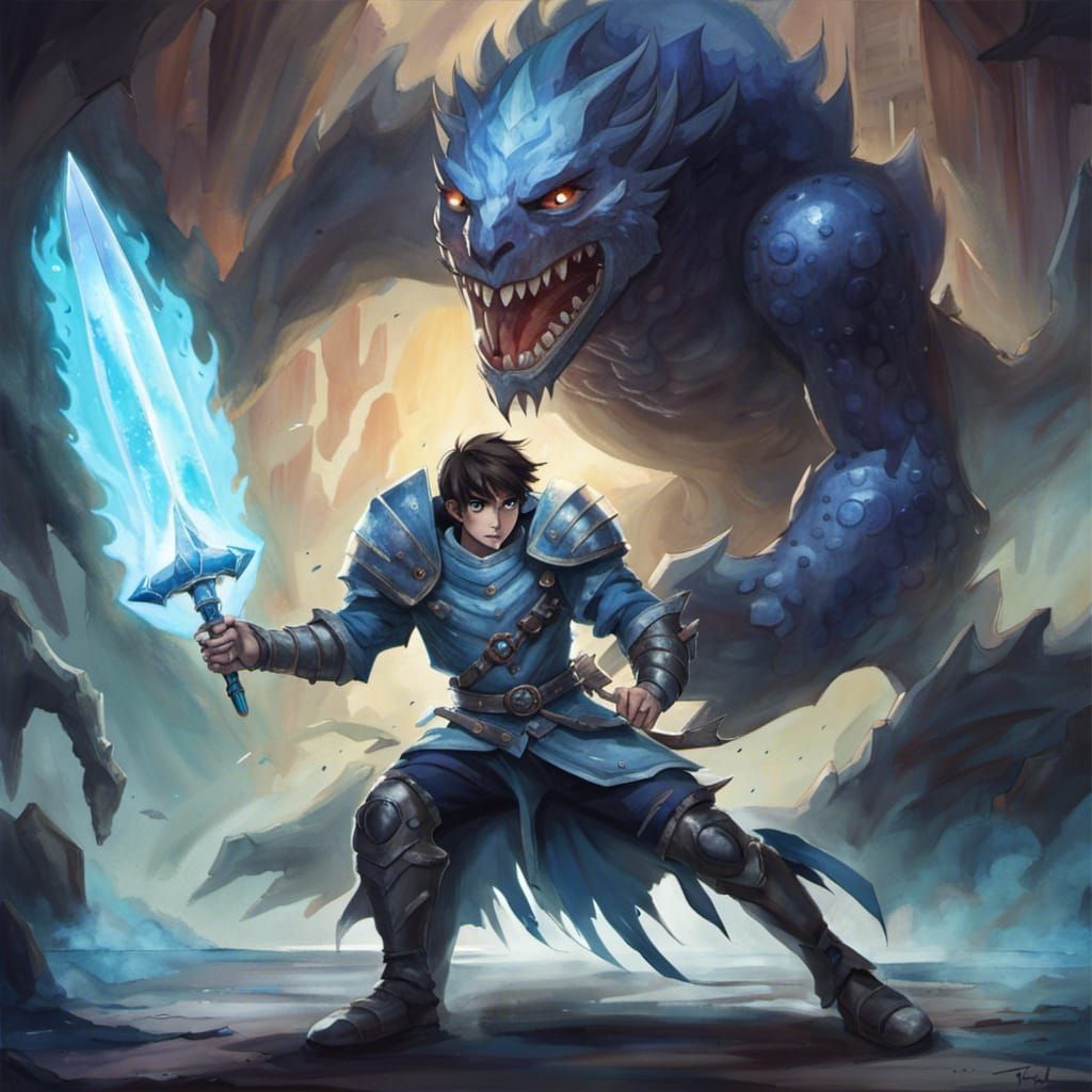 Teen Warrior in Blue Arena: Dark Fantasy Concept Art