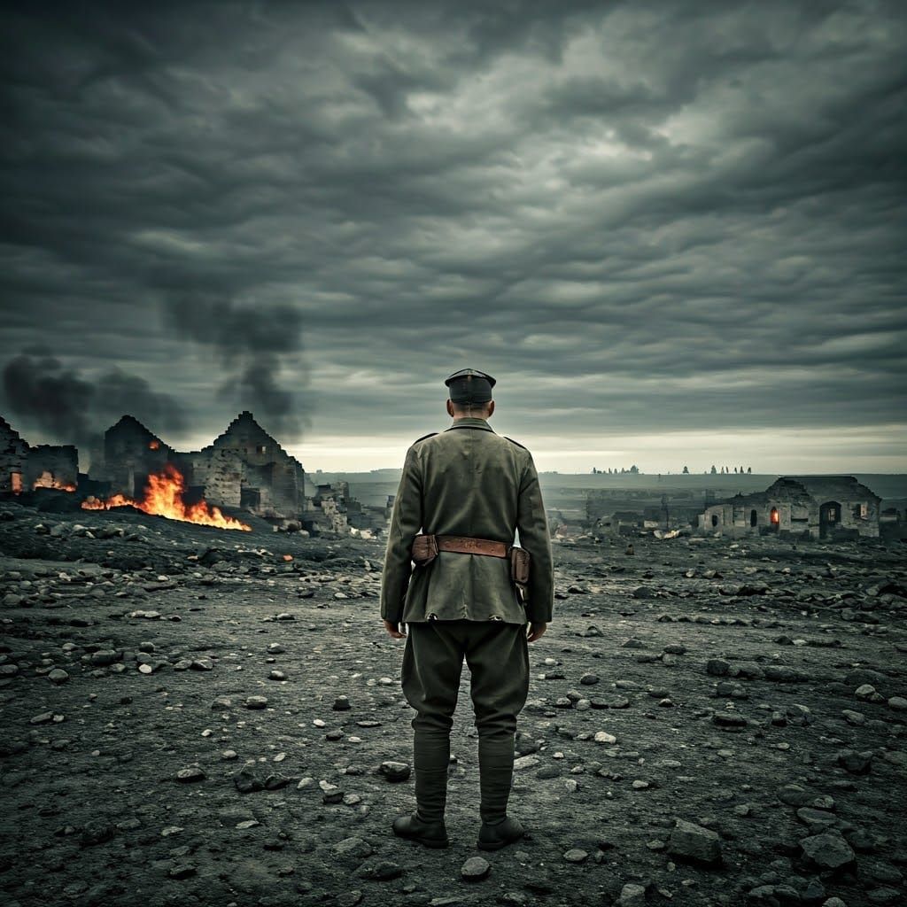 Haunting WWI Soldier in Ruined Balkan Landscape