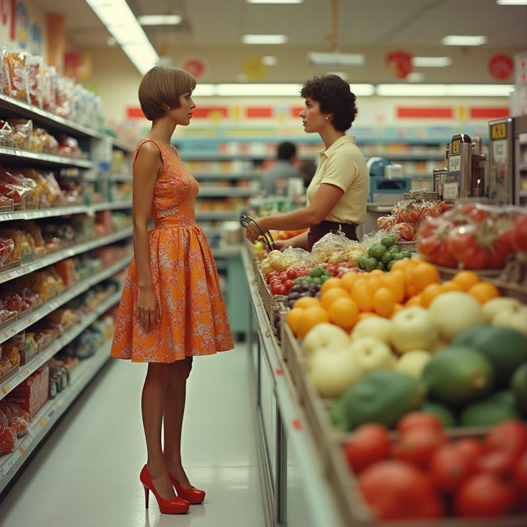 1970s Supermarket Scene with Shoppers in Hyperrealism