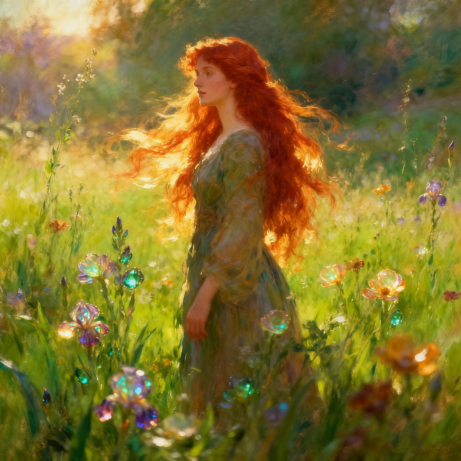 Redhead in Sunlit Meadow with Wildflowers