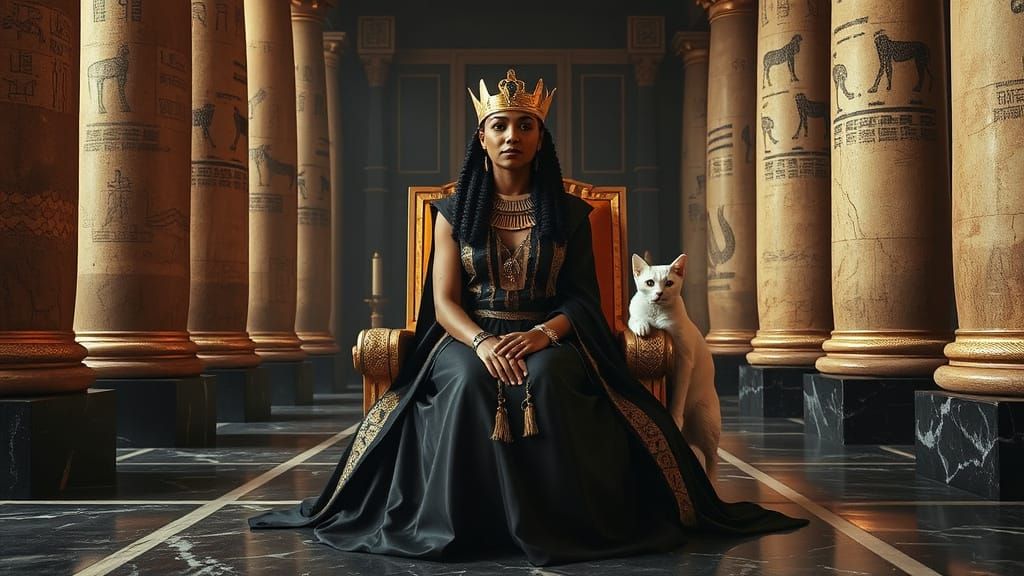 Majestic Egyptian Queen on Throne with Sphinx Cat