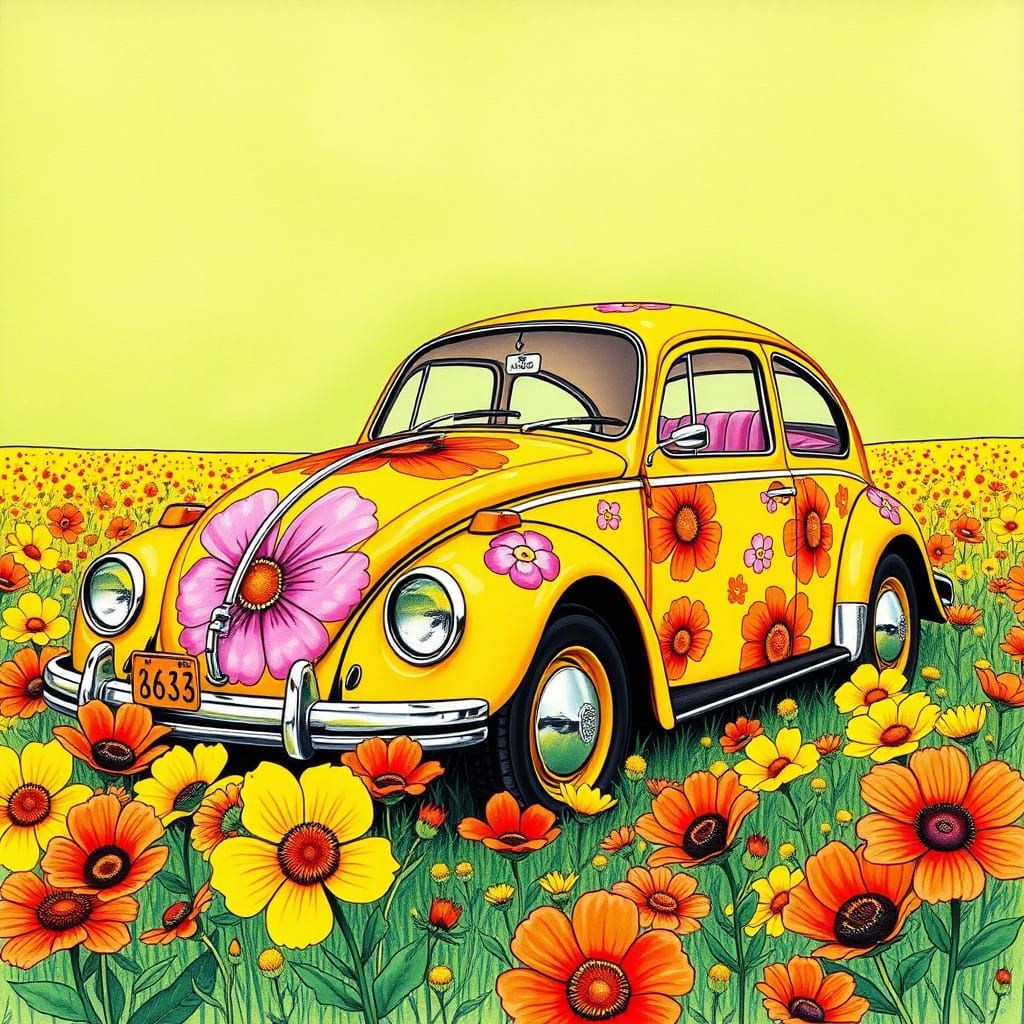 Flower Power VW Beetle in Retro Art Nouveau Style