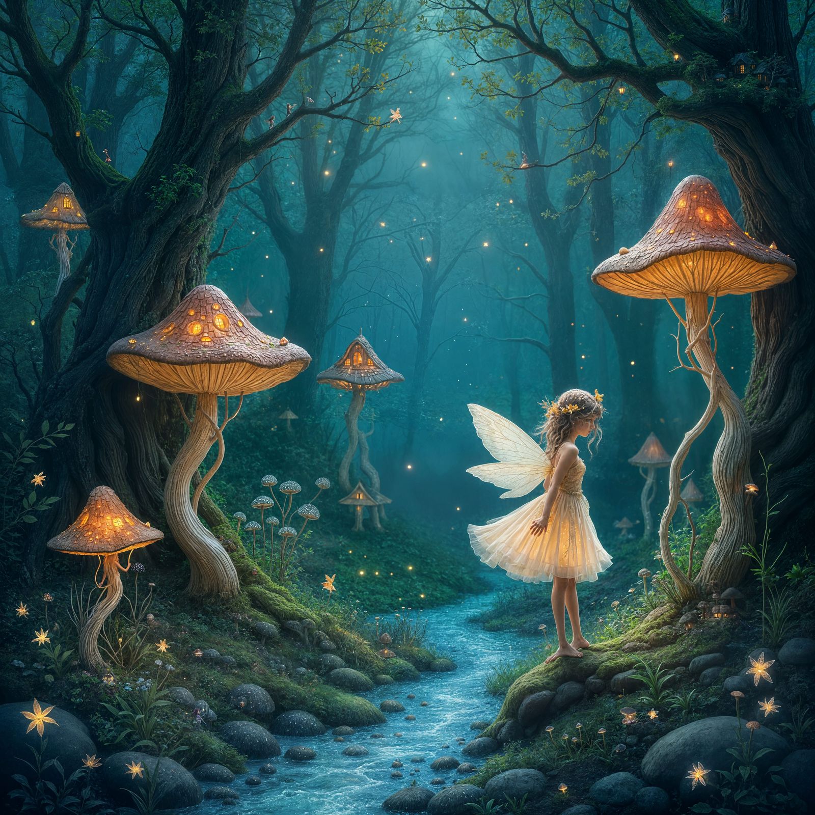 Whimsical Fairy in Enchanted Forest with Mushroom Abodes