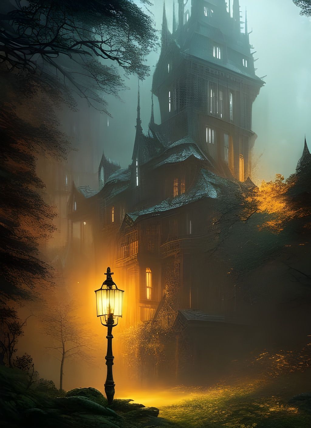 Flaming Gothic Mansion with Dancing Ghosts