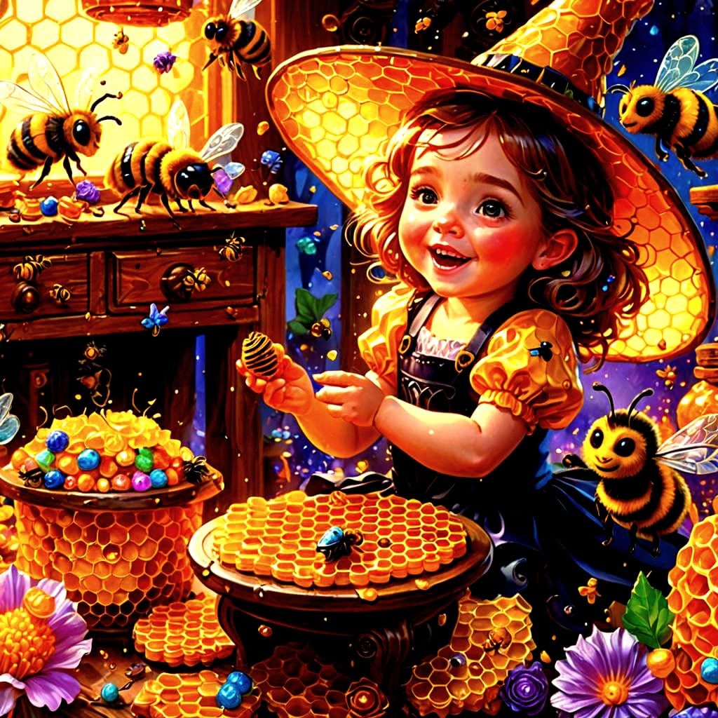 Baby Witch with Honeycomb in Candyland Art Style