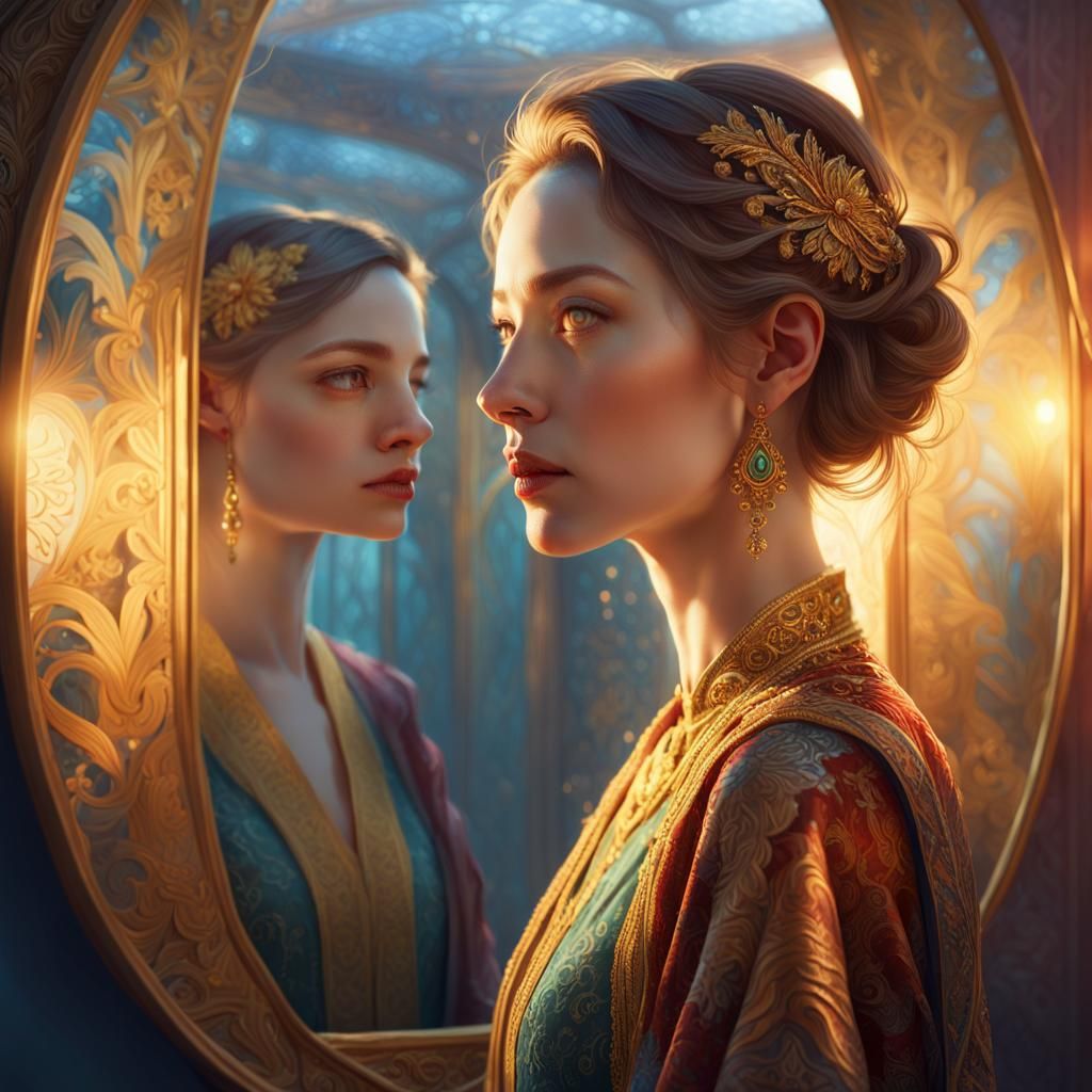 Woman Gazing in Mirror: Concept Art Portrait