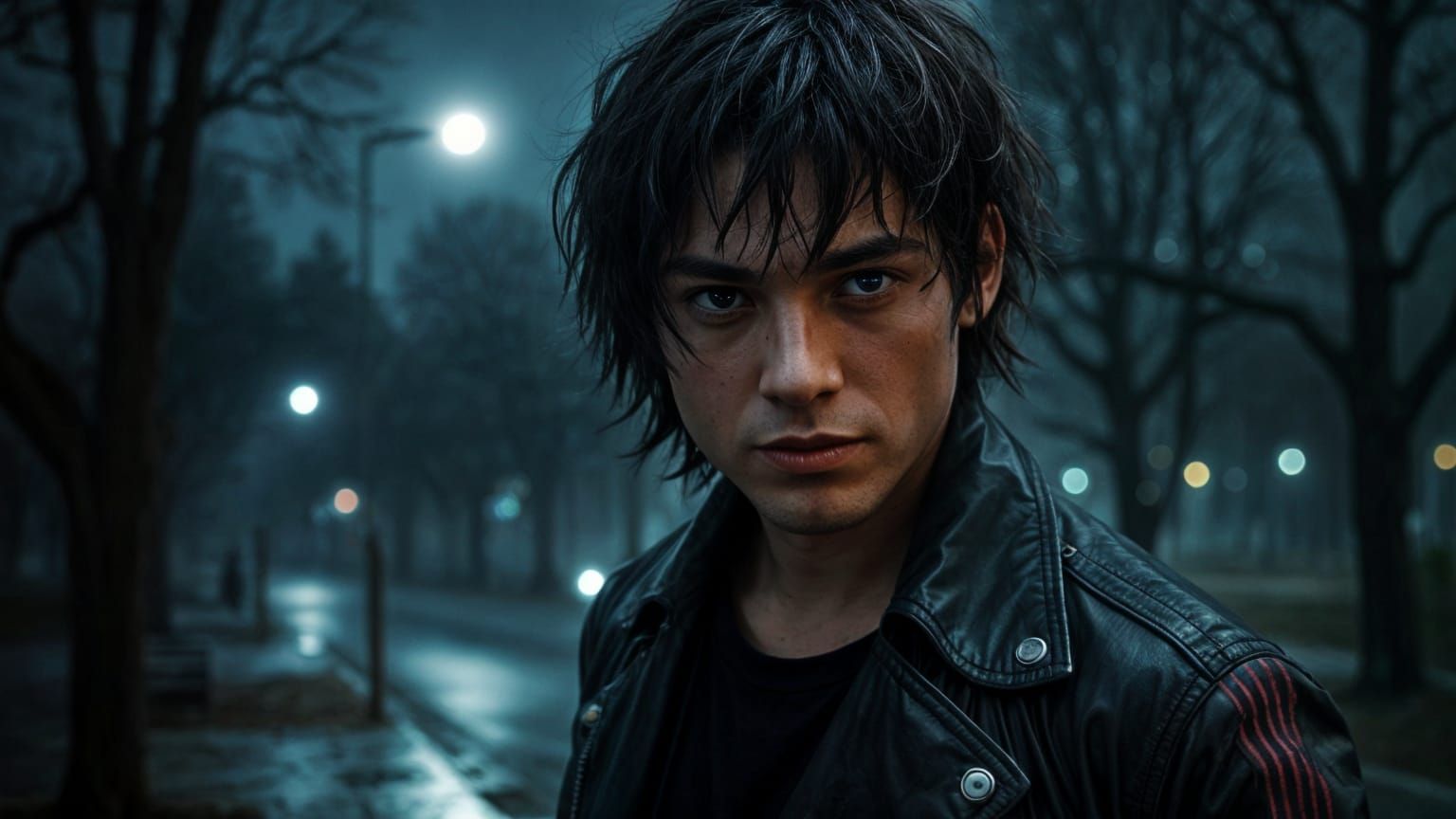 Goth Guy in Rainy Park: Film Noir Style