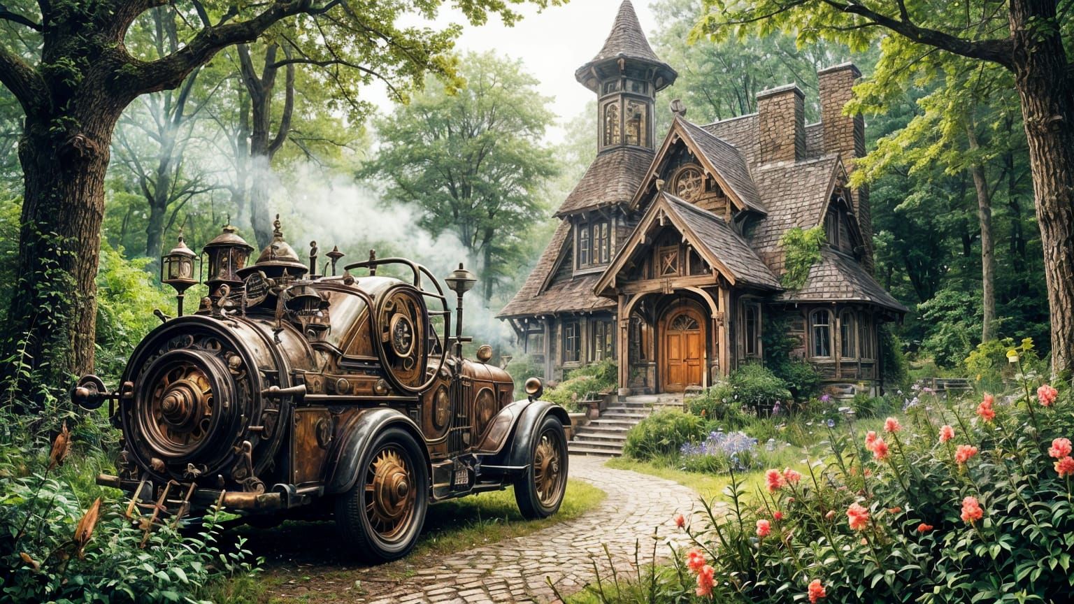 Steampunk Car Before Elven Cottage in Oak Forest